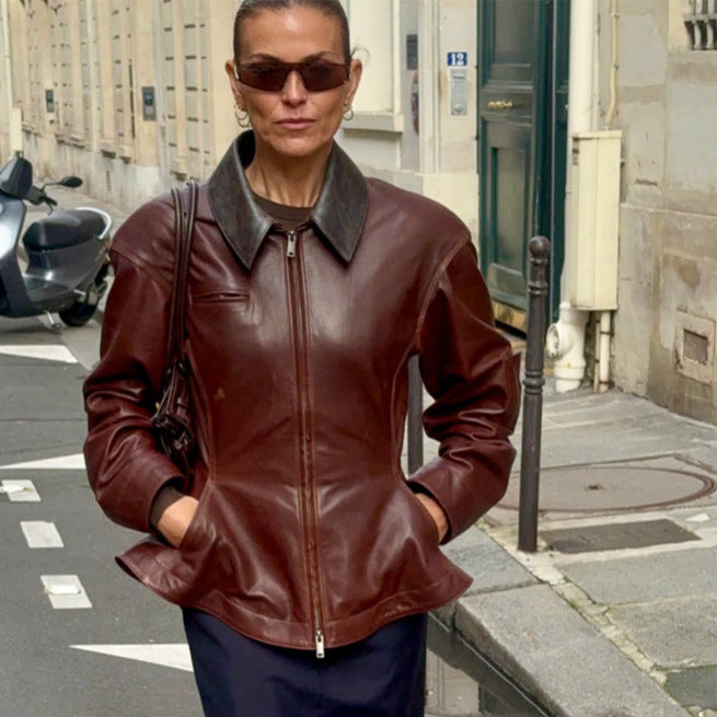 Damen Lederjacke mit tailliertem Schößchen, Reißverschluss & großem Hemdkragen Nord Taschen