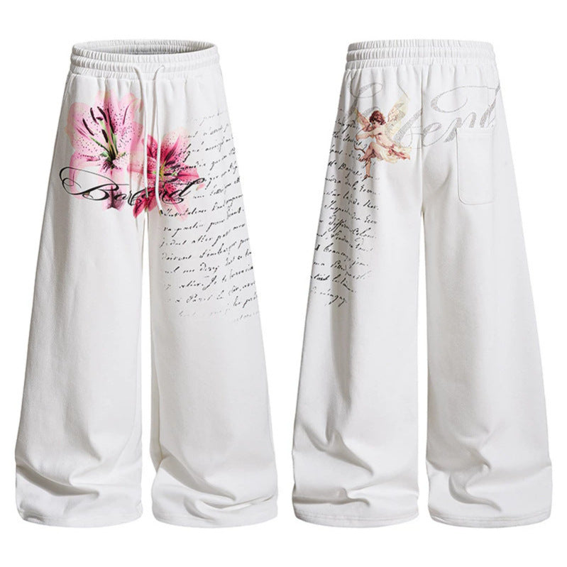 Damen Weite Palazzo-Loungehose im Culotte-Stil mit Komfortbund, Tunnelzug und floraler Printapplikation Nord Taschen
