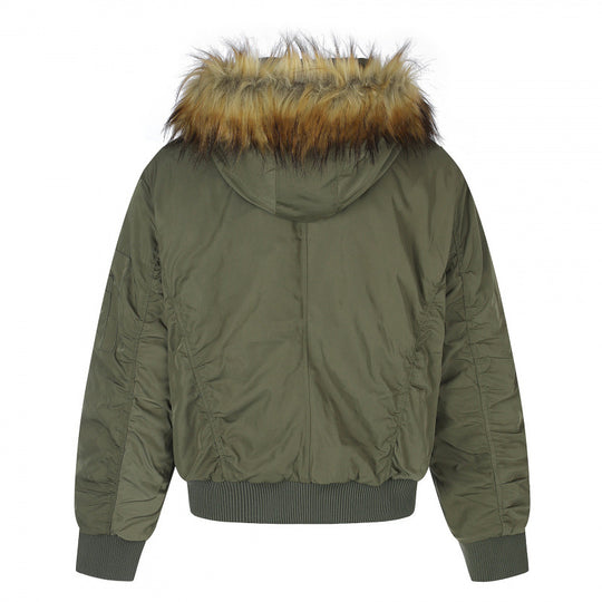 Damen Gefütterte Bomberjacke mit Kapuze und Kunstfellkragen Wattierte Winterjacke Nord Taschen
