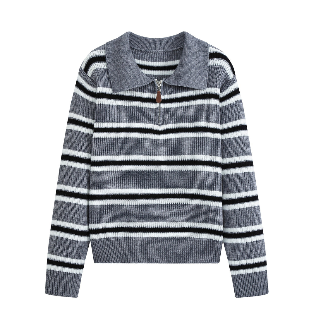Damen Gestreifter Troyer-Pullover mit Reißverschluss und Polokragen Nord Taschen