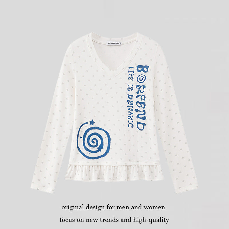 Damen Langarmshirt mit V-Ausschnitt, Rüschen-Saum und grafischem Spiralmotiv Nord Taschen