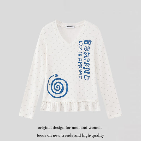 Damen Langarmshirt mit V-Ausschnitt, Rüschen-Saum und grafischem Spiralmotiv Nord Taschen