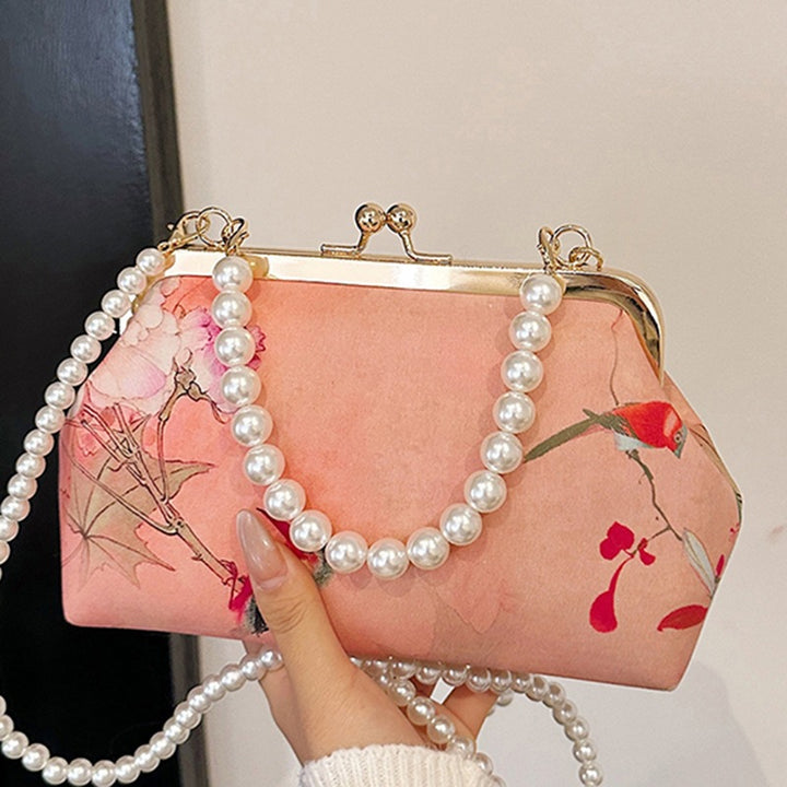 Damen elegante Handtasche mit zartem Blumendruck und Perlenkette Nord Taschen