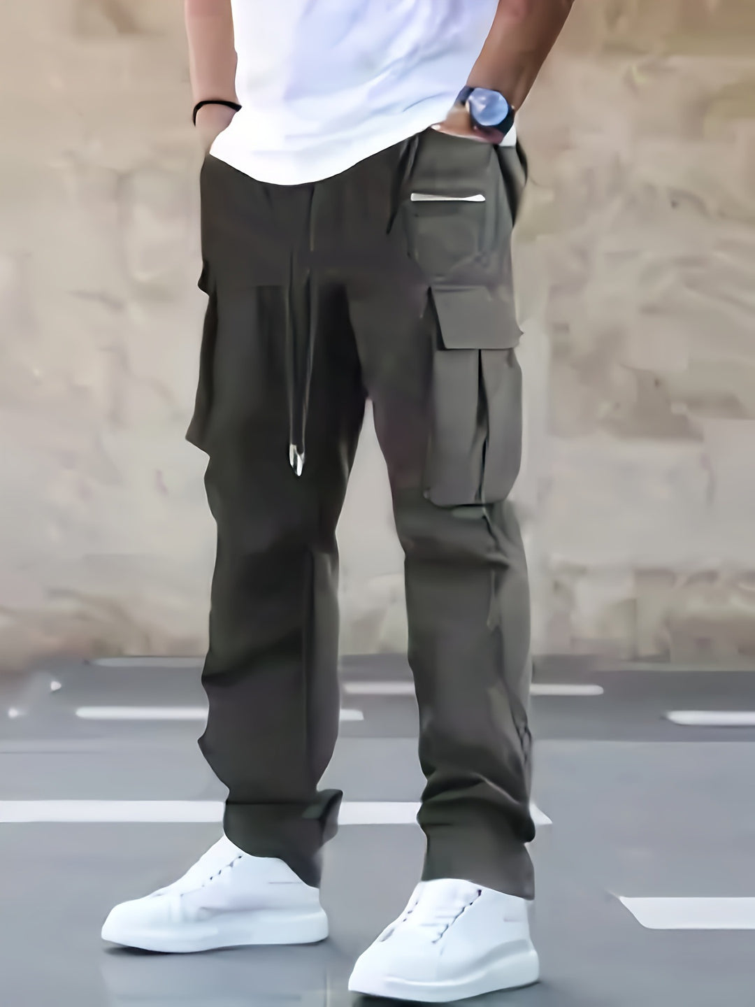 Herren utilitaristische Cargohose mit Reißverschluss‑Tasche, Klappen & Kordelbund Nord Taschen