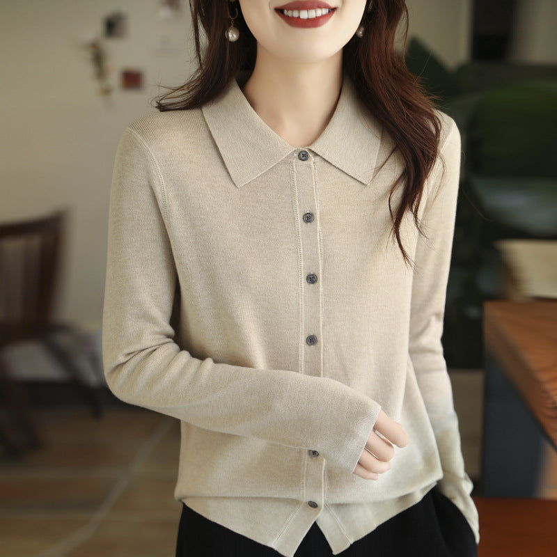 Damen Leichter Feinstrick-Cardigan mit Polokragen und durchgehender Knopfleiste Nord Taschen