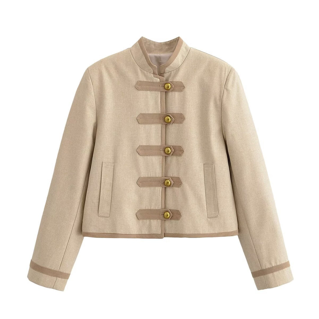 Damen Kurze Militärinspirierte Jacke mit Stehkragen und Zierknebelverschluss Nord Taschen