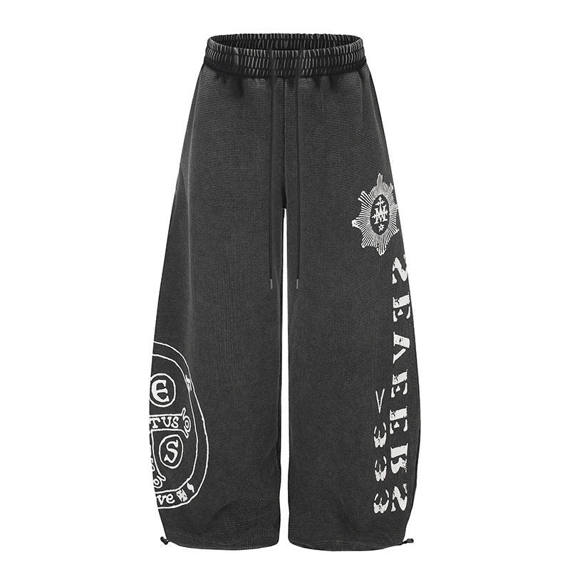 Damen Weite Mid‑Calf Palazzo‑Sweathose mit verstellbarem Saum, Tunnelzugbund und Statement‑Print Nord Taschen