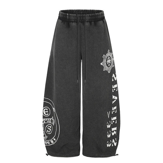 Damen Weite Mid‑Calf Palazzo‑Sweathose mit verstellbarem Saum, Tunnelzugbund und Statement‑Print Nord Taschen