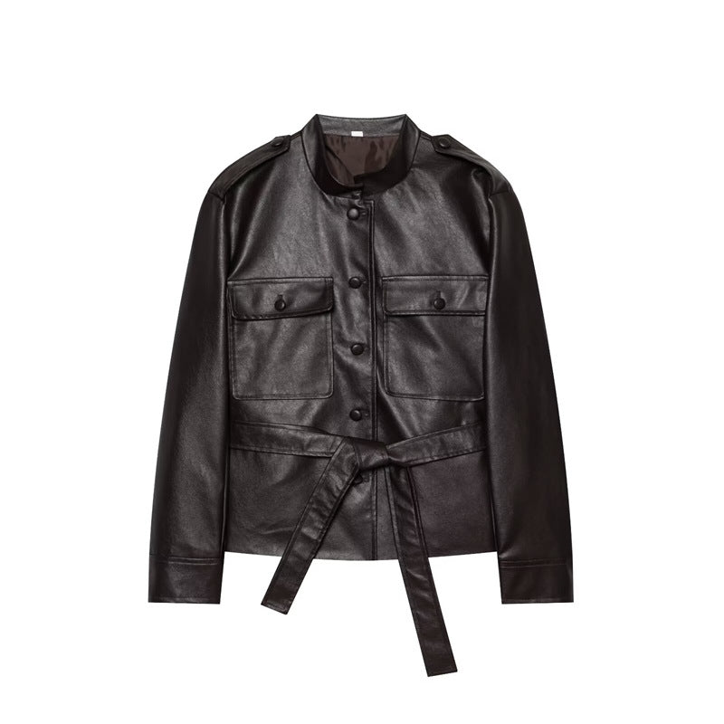 Damen Taillierter Kunstleder-Safari-Blouson mit Bindegürtel und Pattentaschen Nord Taschen