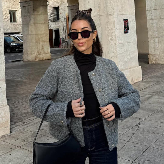 Damen Boxy Wollmix-Boucléjacke im Cabanstil mit Rundhalsausschnitt & goldfarbenen Zierknöpfen Nord Taschen