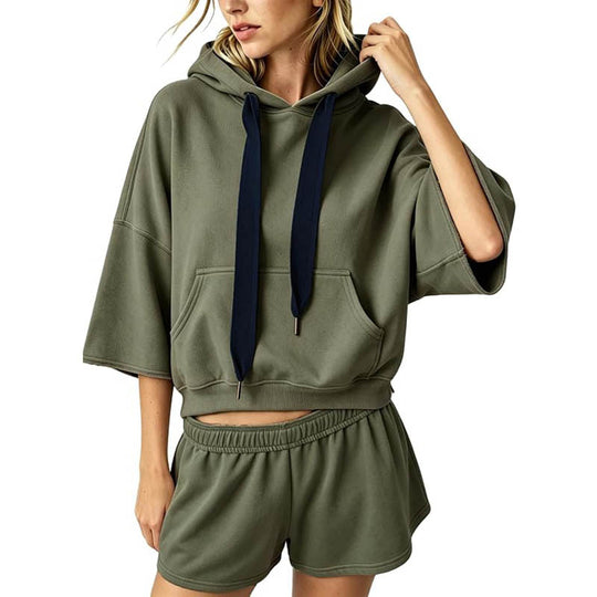 Damen Cropped Kapuzenpullover mit 3/4-Ärmeln und Kängurutasche Nord Taschen