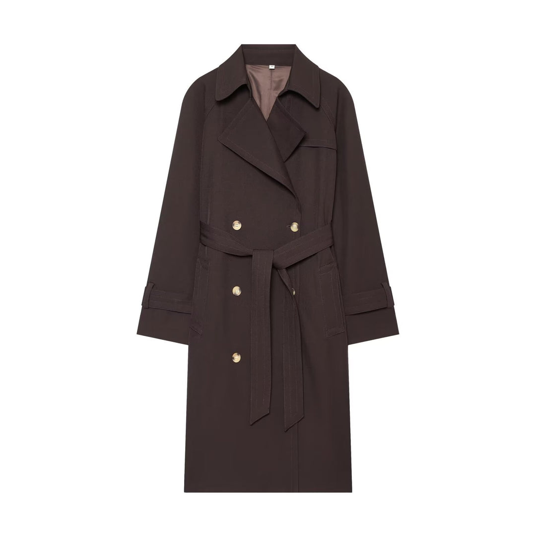 Damen Longline Doppelreihiger Trenchcoat mit Taillengürtel, Ziernähten und Umlegekragen Nord Taschen