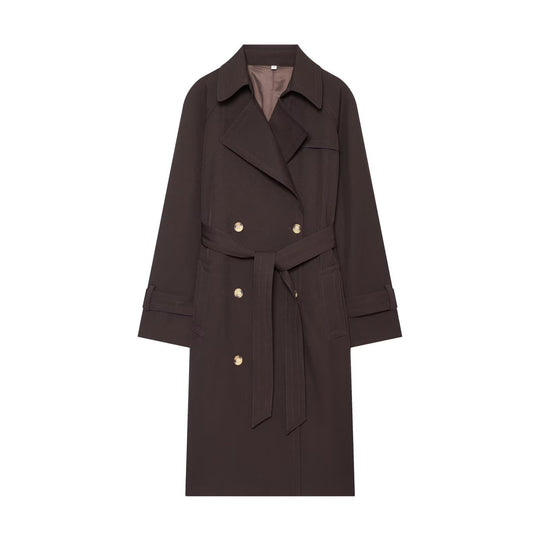 Damen Longline Doppelreihiger Trenchcoat mit Taillengürtel, Ziernähten und Umlegekragen Nord Taschen