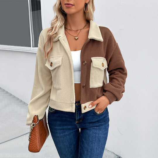 Damen Kurzjacke aus Teddy-Fleece mit Colorblock-Design & Pattentaschen Nord Taschen