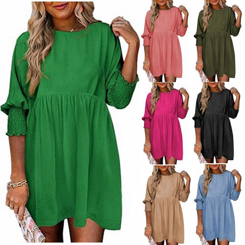Damen Lockeres Babydoll-Kleid mit Ballonärmeln und geraffter Taille Nord Taschen
