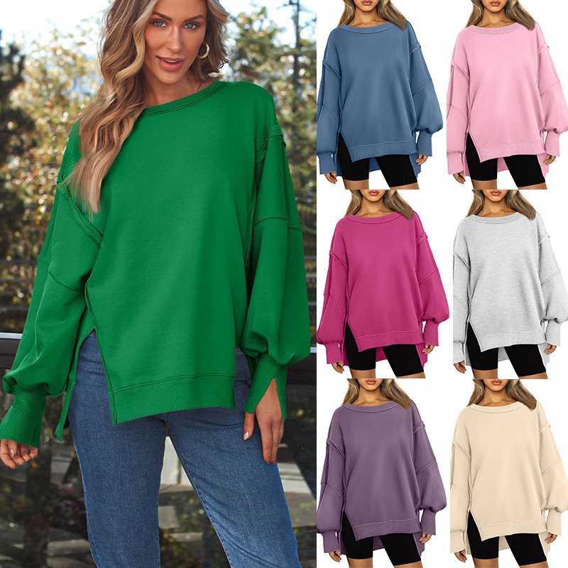 Damen Weiches Longline-Sweatshirt mit Ballonärmeln, seitlichen Schlitzen und geripptem Saum Nord Taschen
