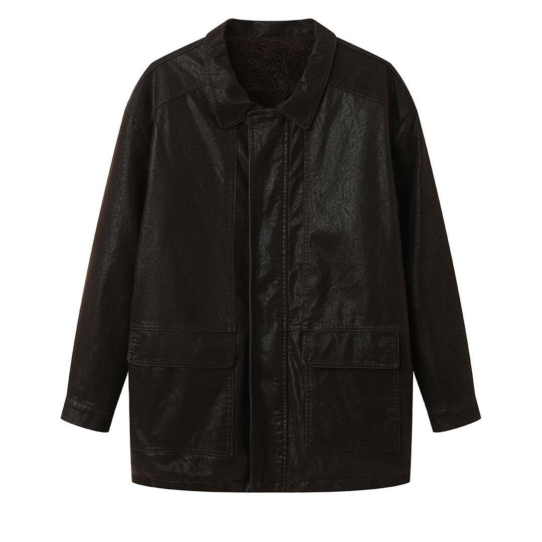 Damen Oversized Lederoptik-Fliegerjacke mit Teddyfutter und Metallreißverschluss Nord Taschen