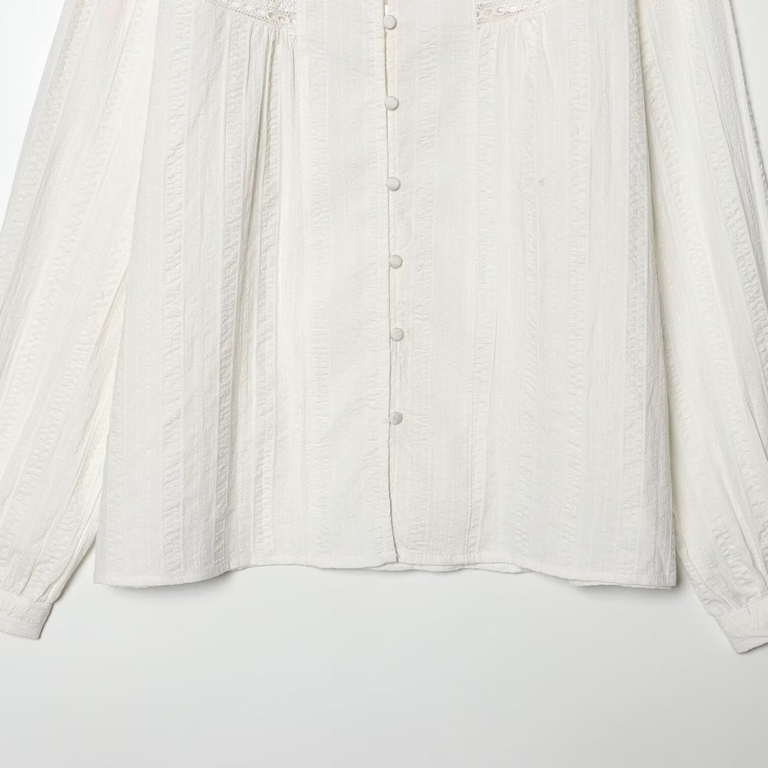 Damen Lockeres Vintage-Bluse mit Stehkragen, Spitzeinsätzen und Ballonärmeln Nord Taschen