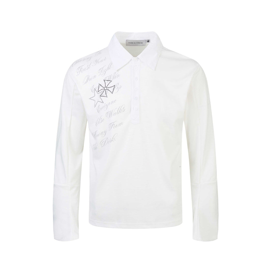 Damen Poloshirt-Langarmshirt mit Hemdkragen, Schriftprint und Strass-Applikation Nord Taschen