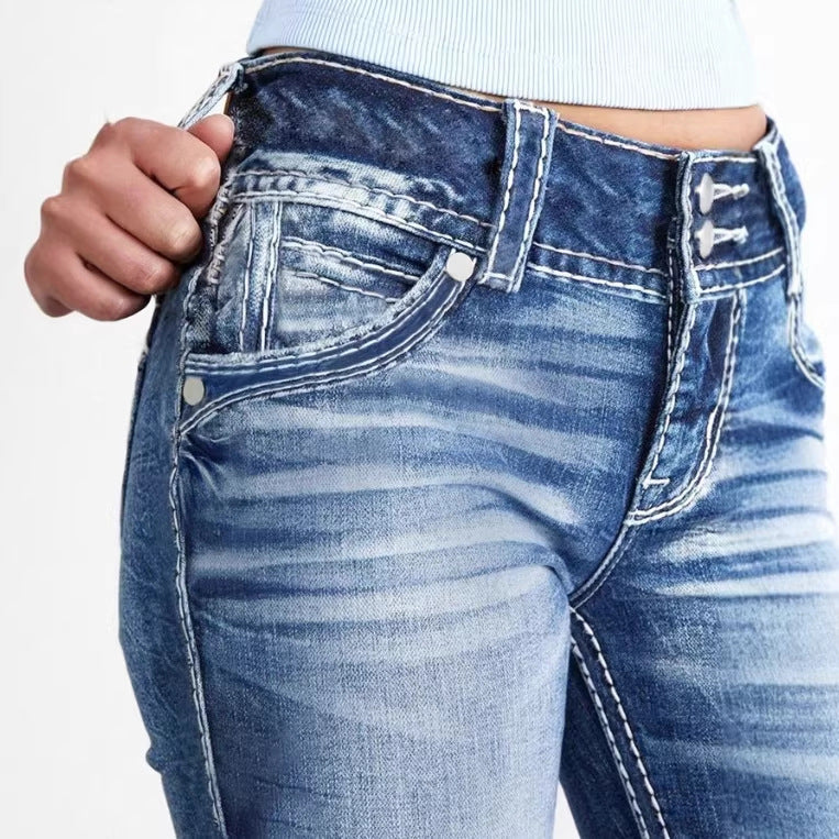 Damen Bootcut-Jeans mit sculptendem V-Bund, dekorativer Kontraststeppung und Vintage-Wash Nord Taschen
