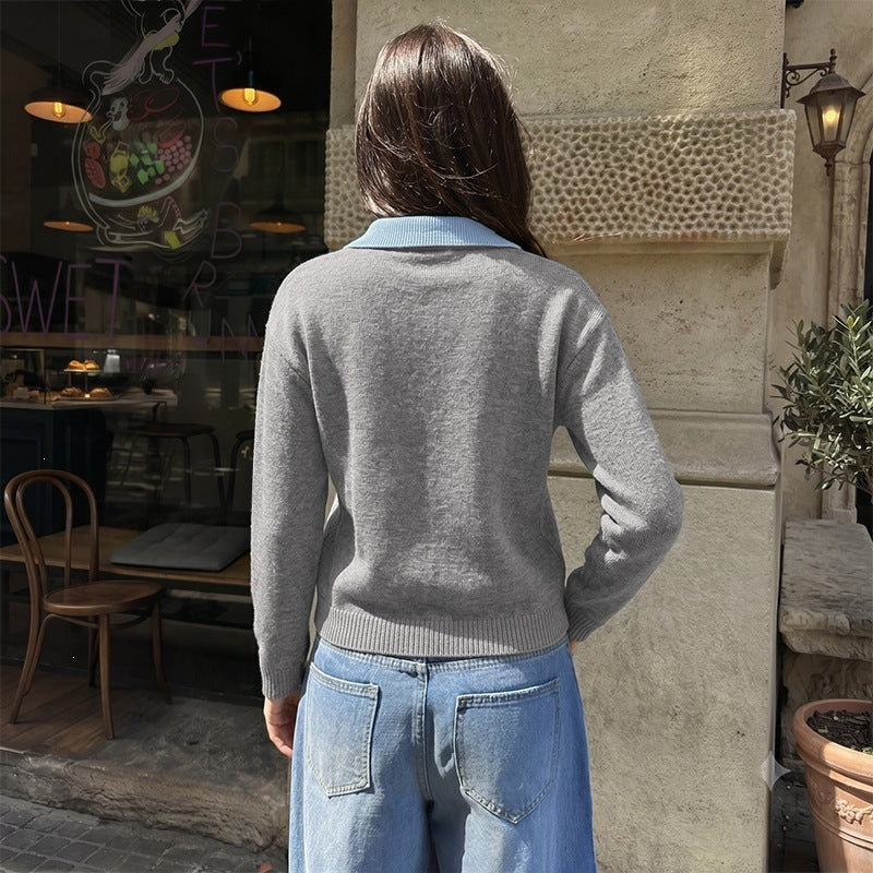 Damen Feinstrick-Polo-Pullover mit kontrastierendem Hemdkragen und V-Ausschnitt Nord Taschen
