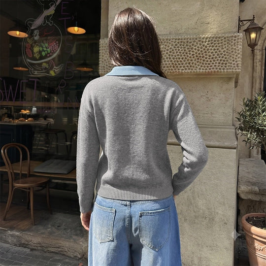 Damen Feinstrick-Polo-Pullover mit kontrastierendem Hemdkragen und V-Ausschnitt Nord Taschen