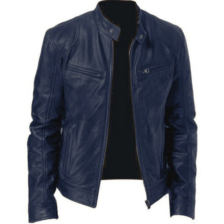 Herren schlanke Echtleder-Bikerjacke mit Stehkragen, zwei Brust-Reißverschlusstaschen und geradliniger Silhouette Nord Taschen