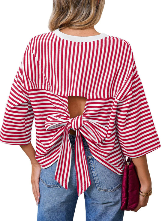 Damen Gestreiftes Oversize-Shirt mit Rückenausschnitt und Schleifenbindung Nord Taschen
