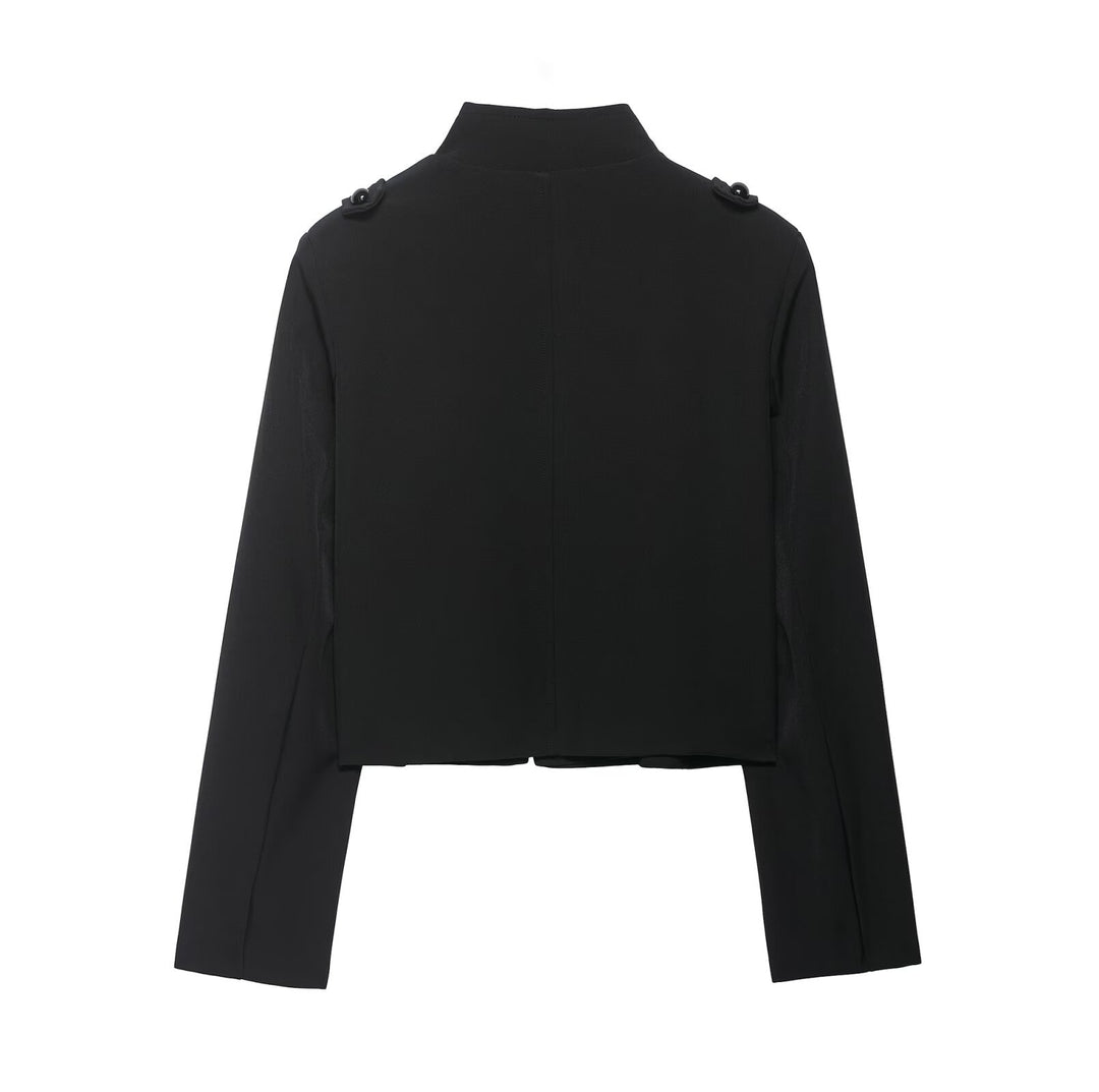 Damen Cropped Militärblazer mit Stehkragen und dekorativen Froschverschlüssen Nord Taschen