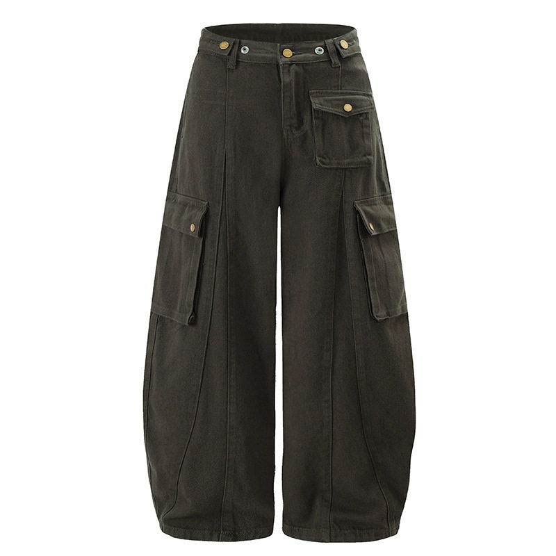 Damen Weite Cargo-Palazzo-Hose mit hohem Bund, Ballon-Saum und mehreren Klappentaschen Nord Taschen