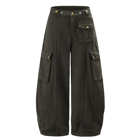 Damen Weite Cargo-Palazzo-Hose mit hohem Bund, Ballon-Saum und mehreren Klappentaschen Nord Taschen