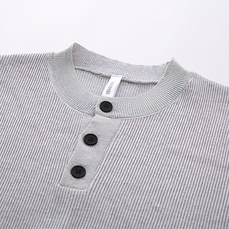 Unisex Oversized Rippen-Henley-Pullover mit verlängertem Rückensaum und 3-Knopf-Leiste Nord Taschen