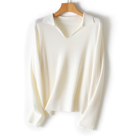 Damen feiner leichter V-Ausschnitt-Pullover mit offenem Hemdkragen und legerer Silhouette Nord Taschen