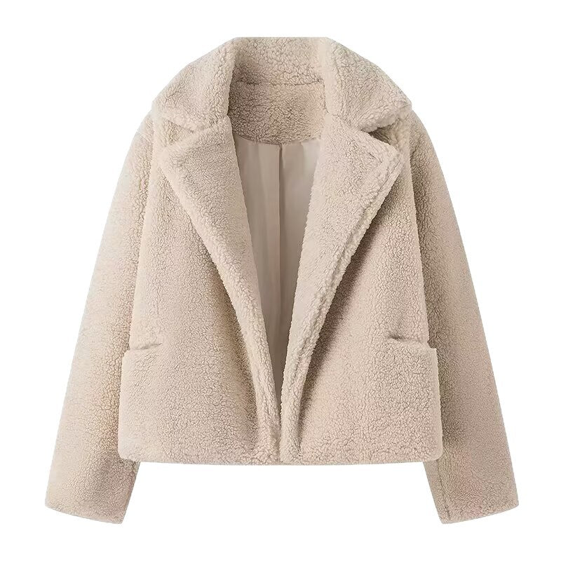 Damen Kurzer Kunstfell-Teddy-Blouson mit breitem Reverskragen Nord Taschen