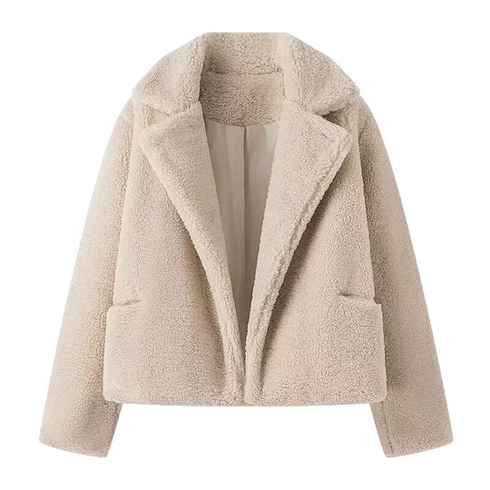 Damen Kurzer Kunstfell-Teddy-Blouson mit breitem Reverskragen Nord Taschen
