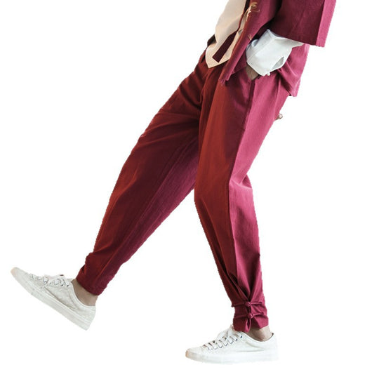 Herren Lässige Leinenmix-Hose mit Tunnelzugbund, verengtem Fußabschluss und Knoten-Detail Nord Taschen