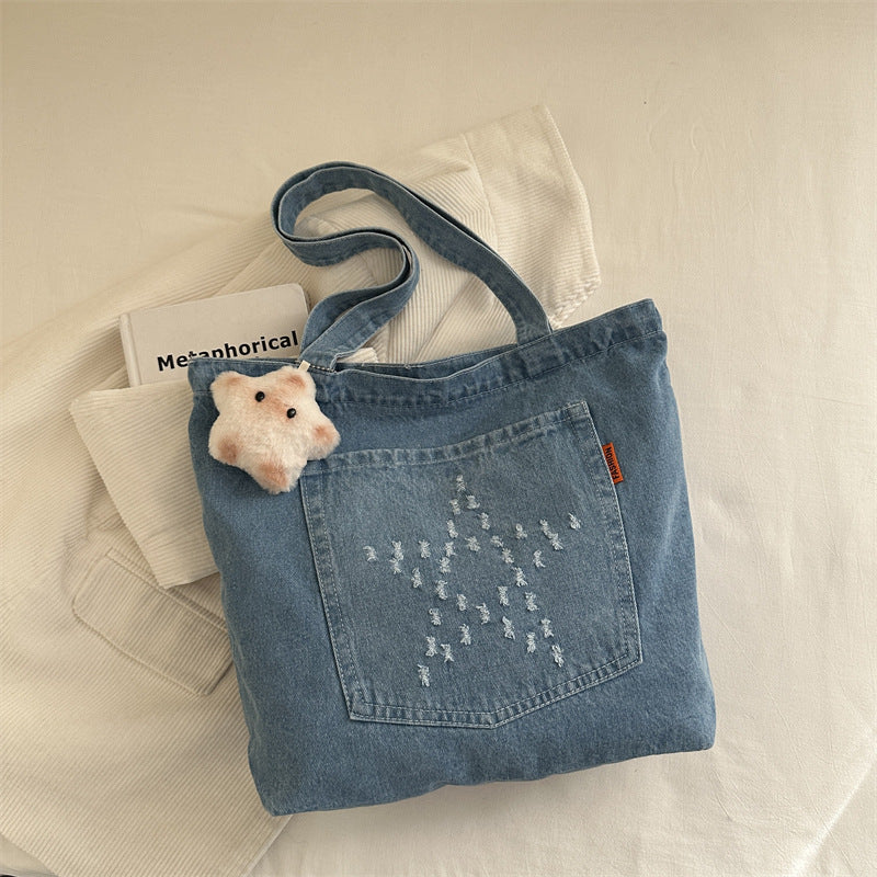 Damen Denim Beuteltasche mit niedlichem Tieranhänger Nord Taschen