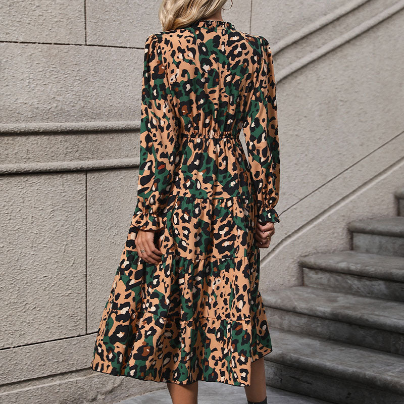 Damen Wickel-Midikleid mit Leopardenmuster, Stufenrock und elastischer Taillenpassform Nord Taschen
