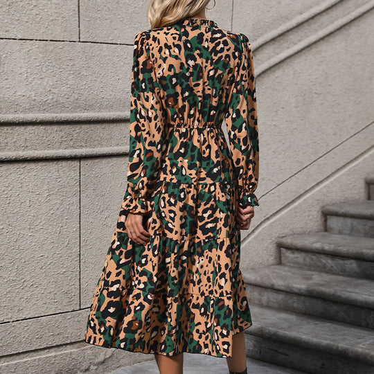 Damen Wickel-Midikleid mit Leopardenmuster, Stufenrock und elastischer Taillenpassform Nord Taschen