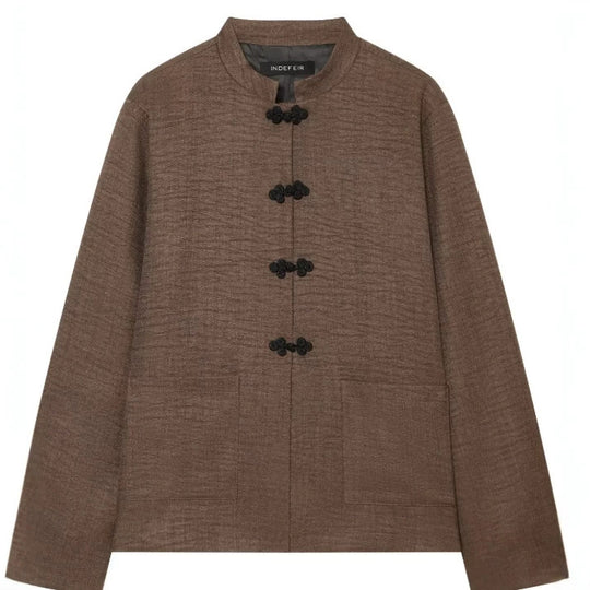 Damen Kurz geschnittene Leinenjacke mit Stehkragen und Froschverschlüssen Nord Taschen