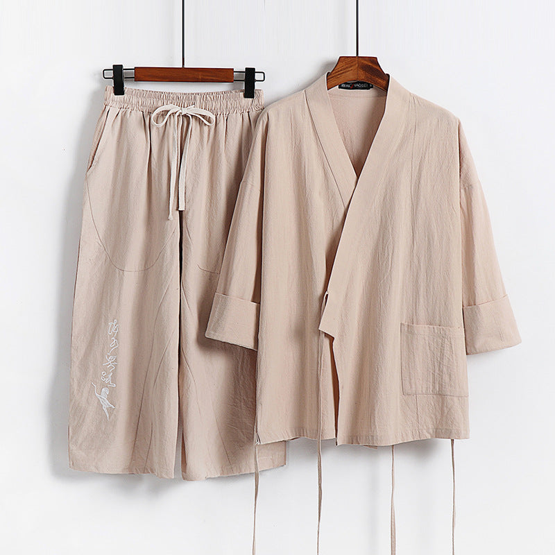 Unisex Leichtes Kimono-Loungewear-Set aus Baumwoll-Leinen mit bestickter Haremshose und Bindegürtel Nord Taschen