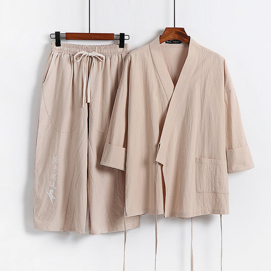 Unisex Leichtes Kimono-Loungewear-Set aus Baumwoll-Leinen mit bestickter Haremshose und Bindegürtel Nord Taschen