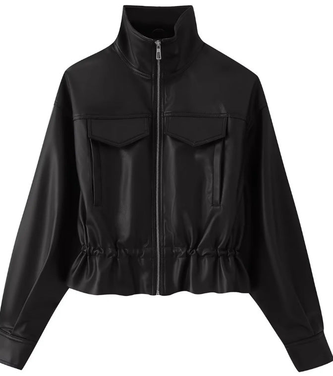 Damen Kurz geschnittener Kunstleder-Blouson mit hohem Stehkragen, Brustpatten und Tunnelzug Nord Taschen