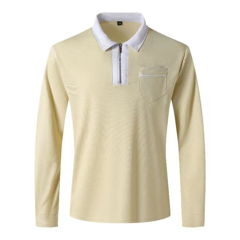 Herren nan elegantes Langarm-Poloshirt mit markantem Stehkragen Metall-Kurzreißverschluss und Brustleistentasche