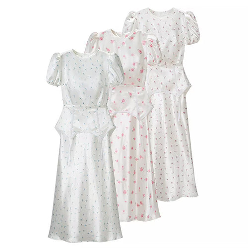 Damen Midikleid aus Satin mit Puffärmeln, integrierter Korsagen-Peplum und zartem Blumenprint Nord Taschen