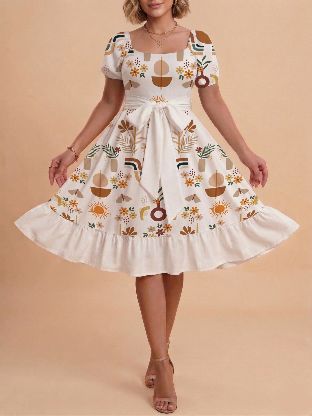 Damen Sommerliches Blumenkleid mit taillierbarem Gürtel und voluminösen Ärmeln