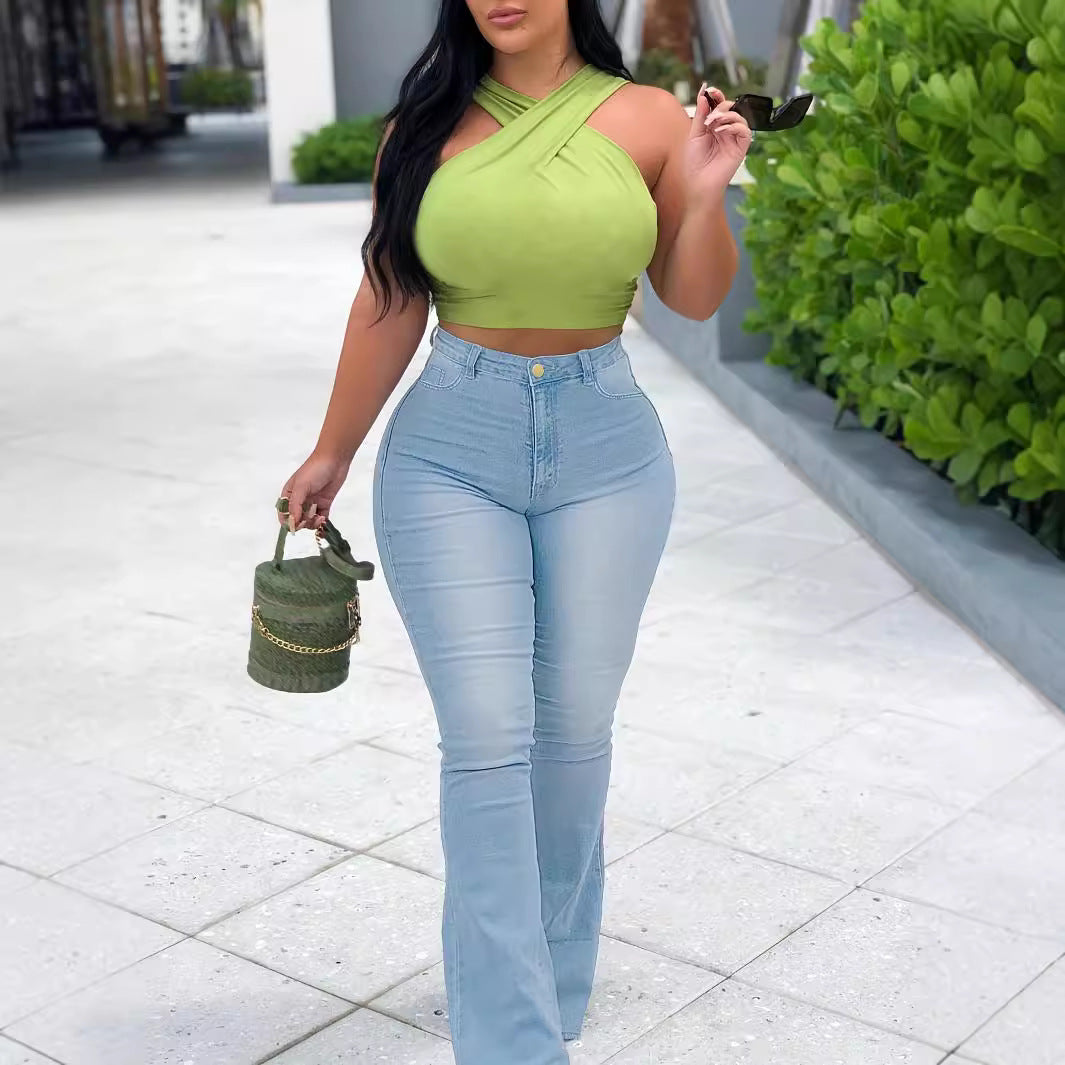 Damen High-Waist Schlaghose aus Stretch-Denim mit figurbetonter Hüftpassform Nord Taschen