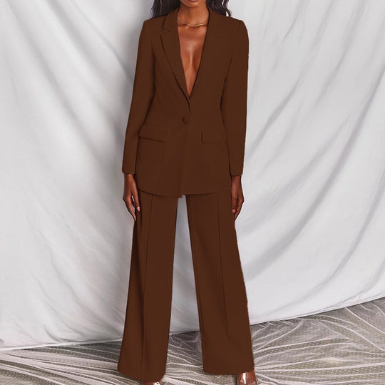 Damen Eleganter Zweiteiliger Anzug mit tailliertem Longblazer und weitem Bügelfalten-Hosenbein Nord Taschen