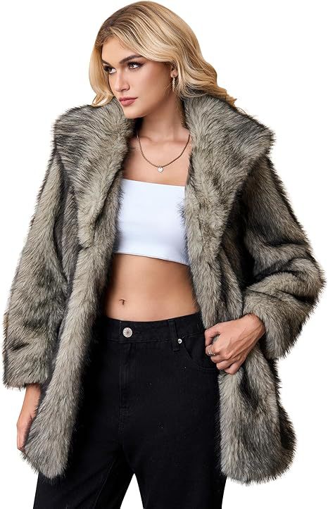 Damen Kurzer Faux‑Fur‑Mantel mit weitem Schalkragen, offener Front und Eingrifftaschen Nord Taschen