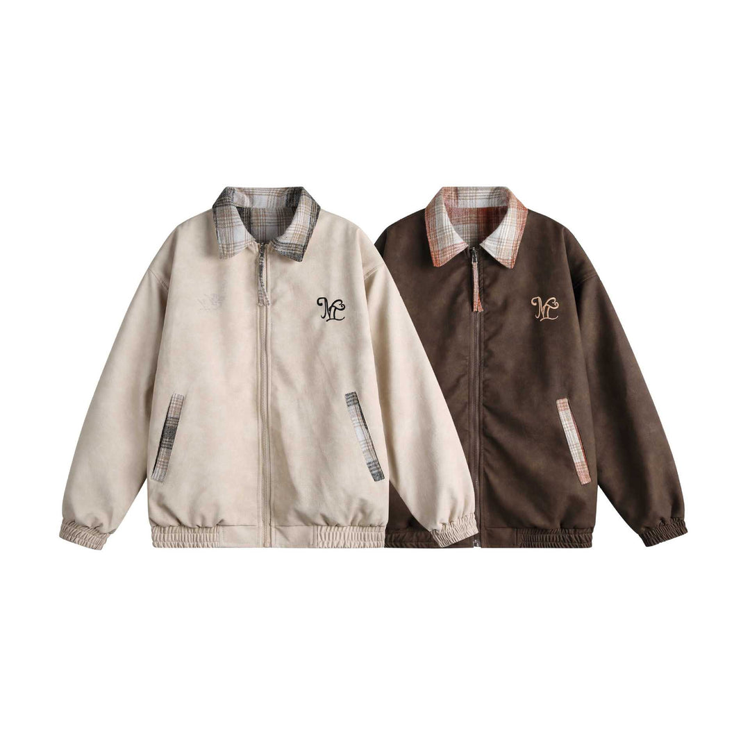 Damen Kurz geschnittene Boxy‑Jacke aus Wildleder‑Optik mit kariertem Kragen und elastischem Saum Nord Taschen